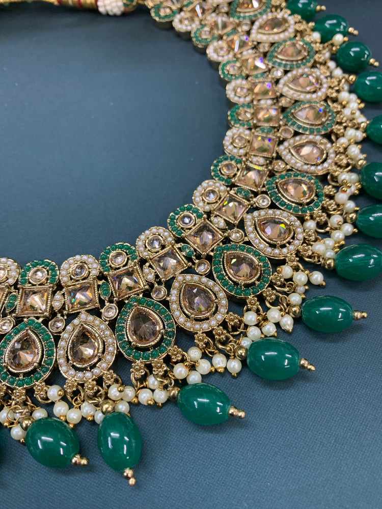 Reagan polki necklace set with matching Chandbali and tikka set gold/white/pearl/ emerald green