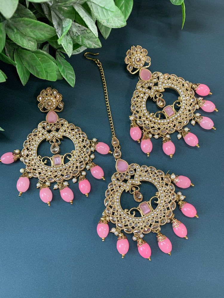 Nardali tikka set polki earring tikka set pink