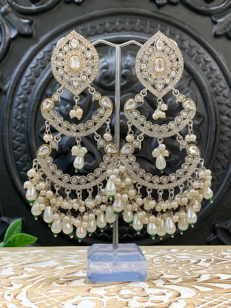 Lauren kundan triple layer chandbali earring silver / white