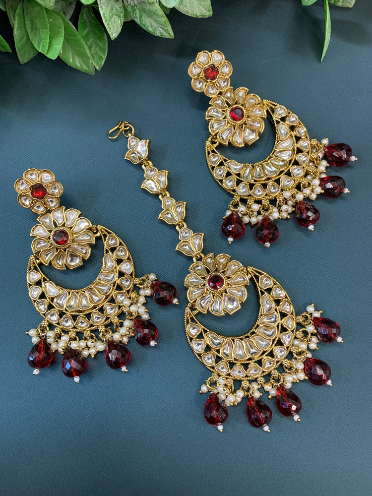 Manjot t kundan earring tikka set maroon red/ burgundy