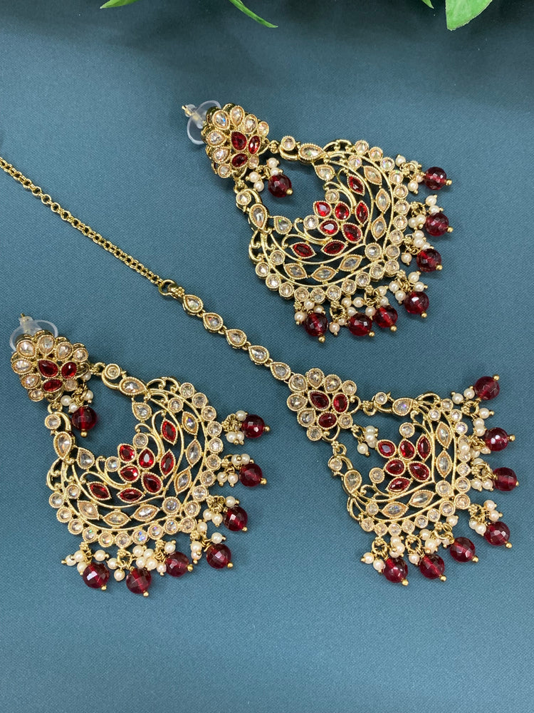 Raina reverse polki earring tikka set with pearl and maroon glass drop