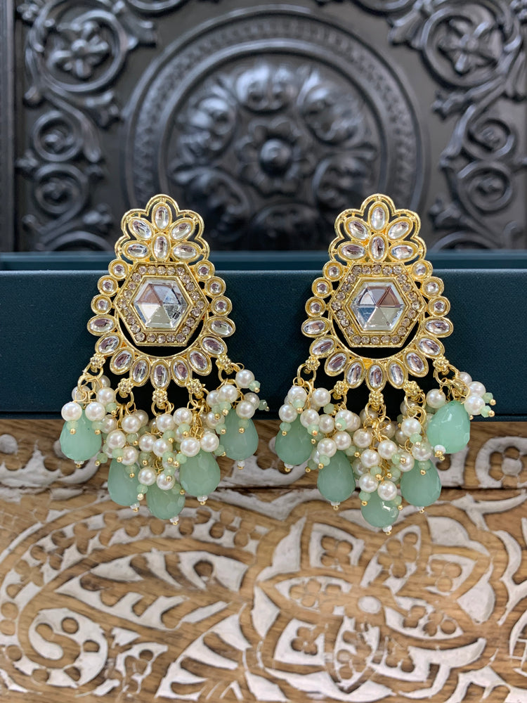 Jill gold kundan stud earring with crystal drops mint green