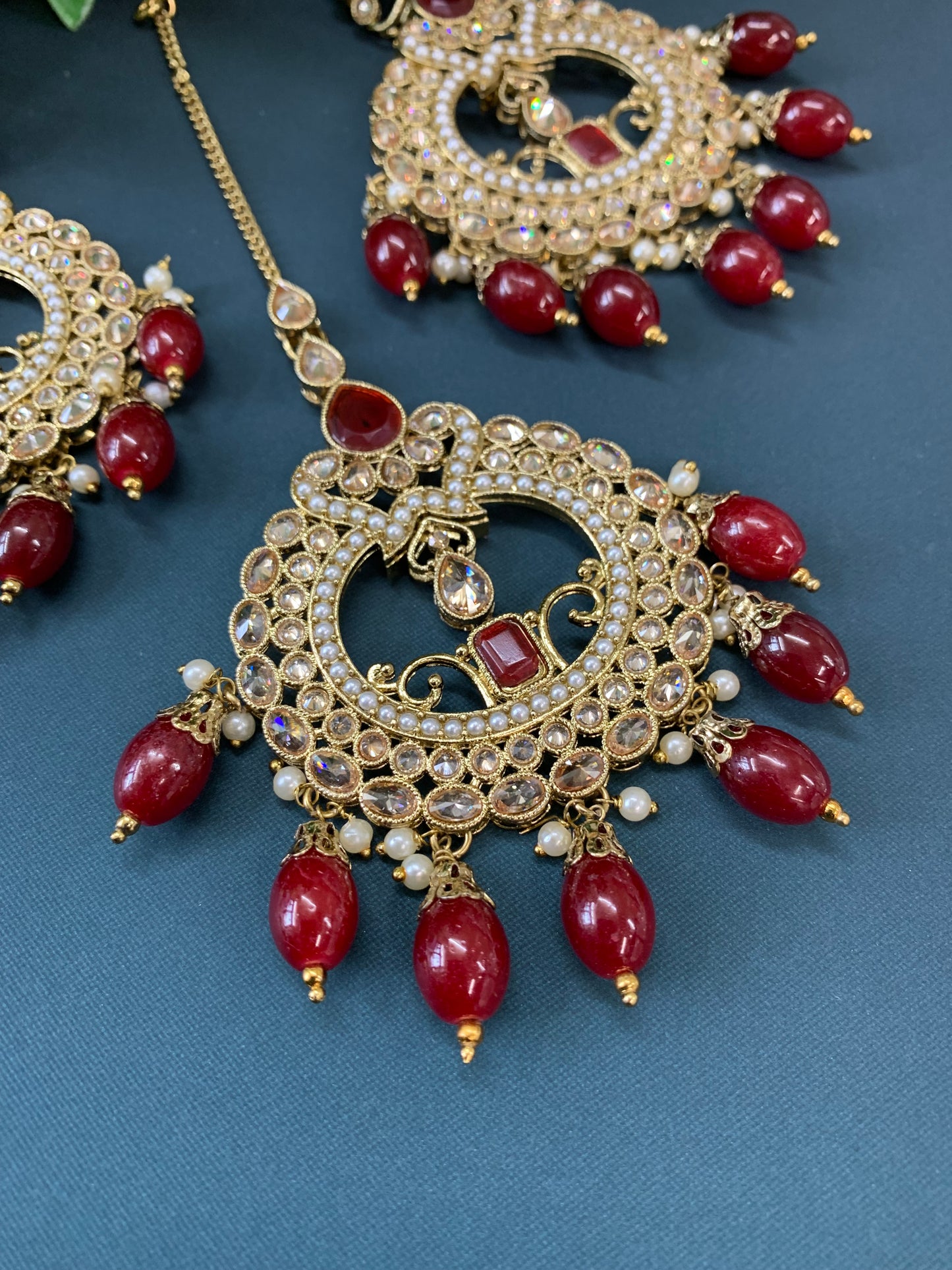 Nardali tikka set polki earring tikka set maroon / burgundy