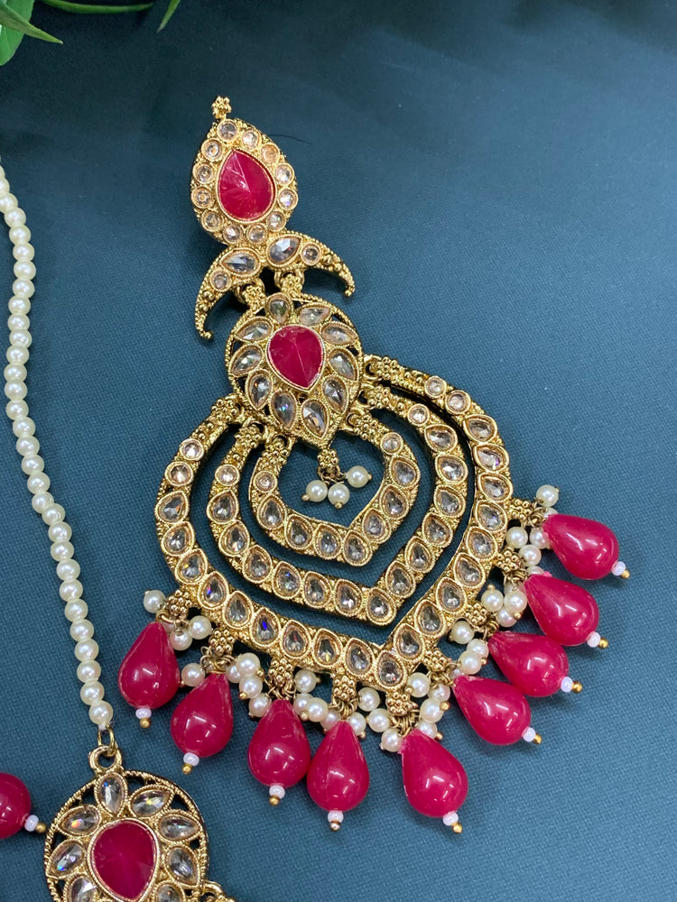 Tara polki Chandbali earring with matching tikka magenta hot pink