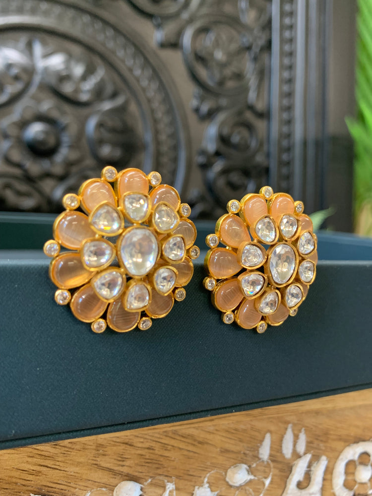 Premium moissanite kundan stud earring peachy pink