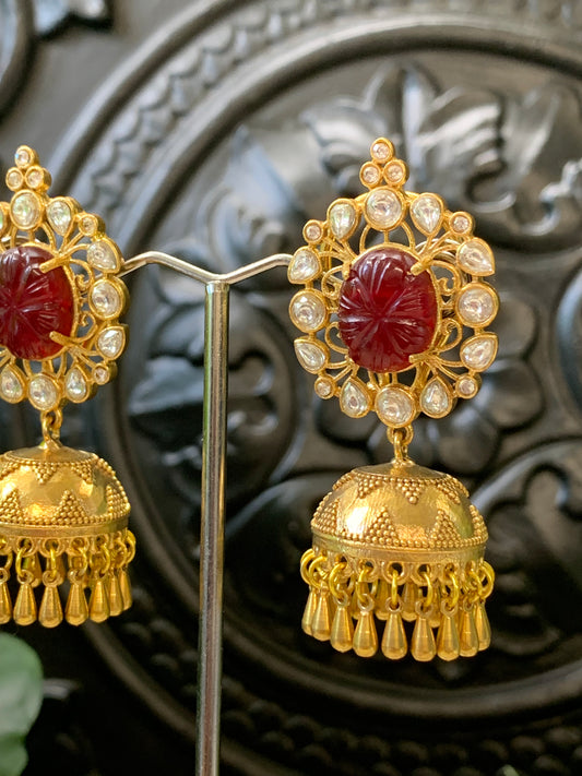 Lolita moissanite kundan jhumki earring red burgundy maroon