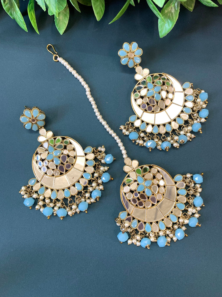 Olana chandbali mirror Tikka set baby blue