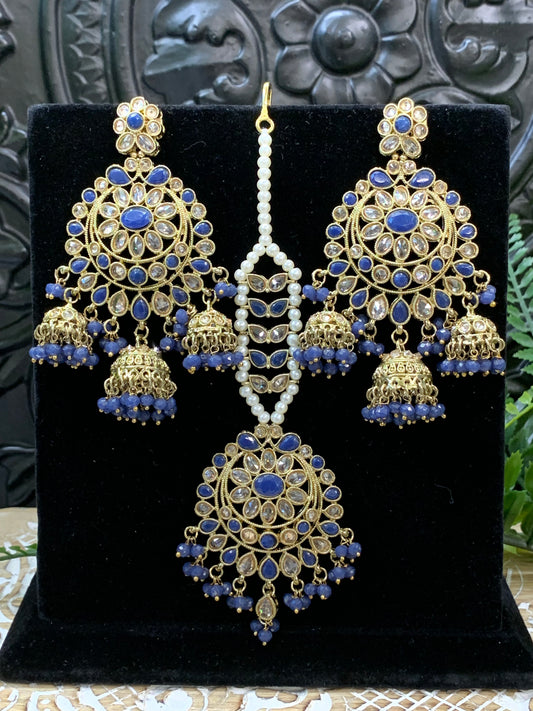 Kiana polki triple jhumki Chandbali style earring with matching tikka dark blue