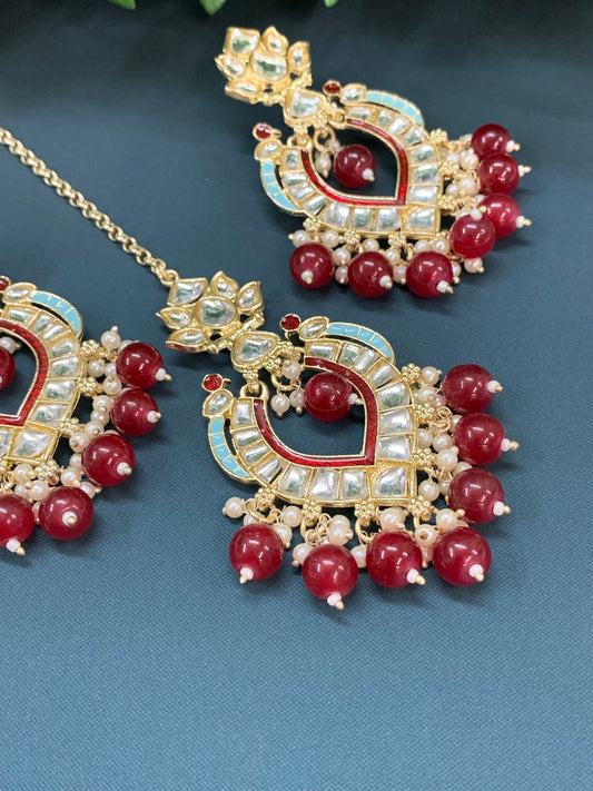 Amber kundan light weight earring tikka set red