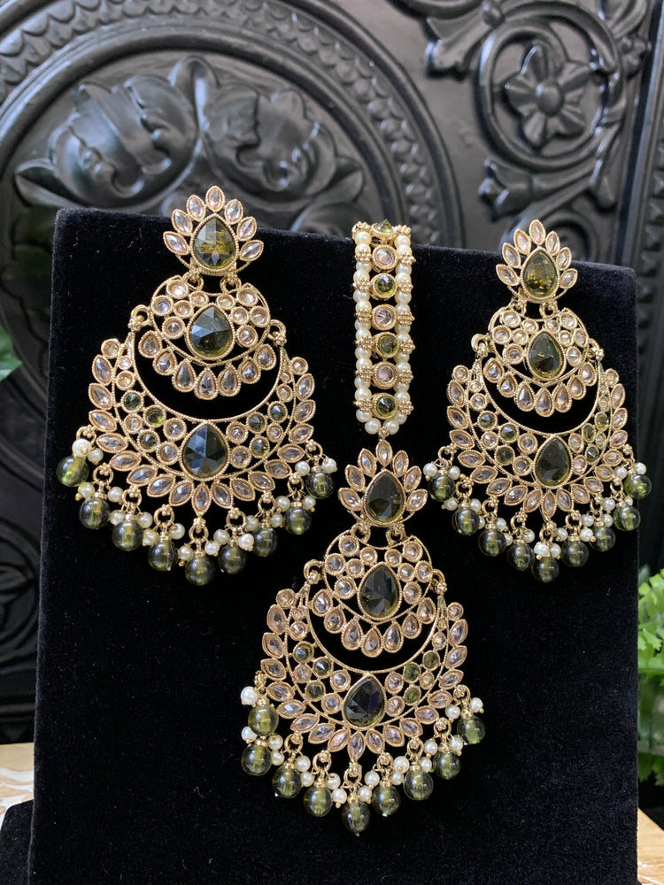 Marley reverse polki Chandbali earring tikka mahendi/olive