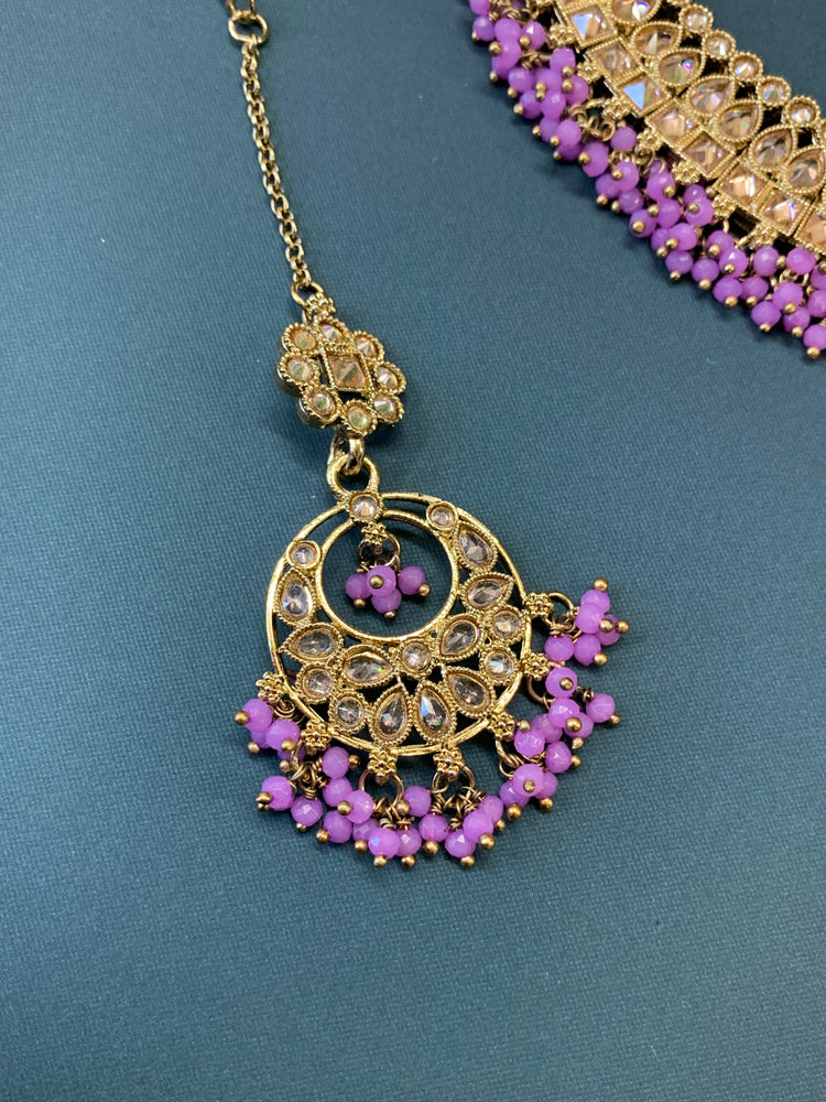 Rashmeet polki necklace with matching earring tikka antique gold lavender