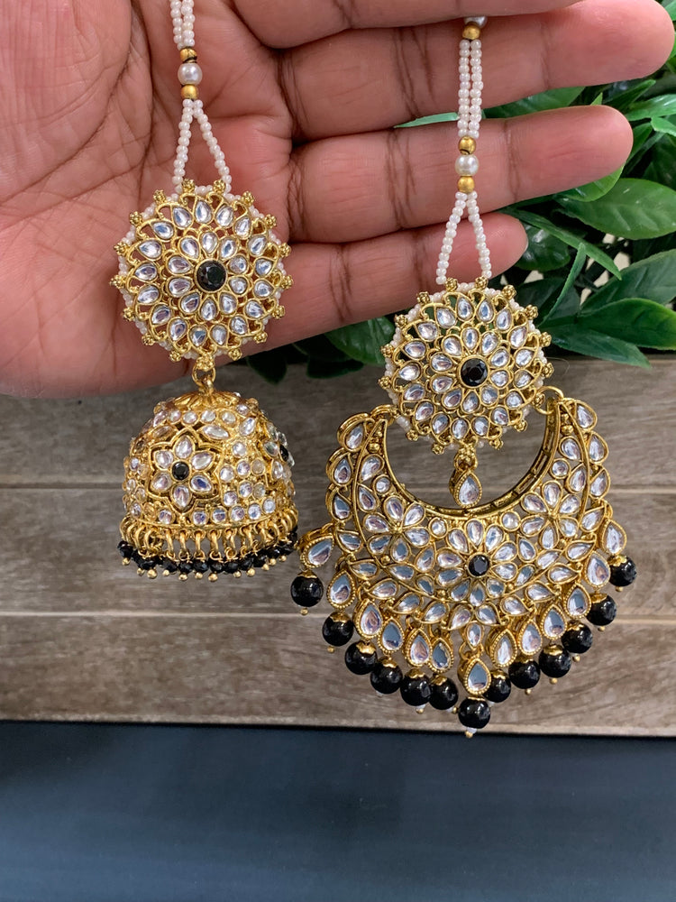 Zia traditional kundan jhumki with sahare and matching oversized tikka gold/black