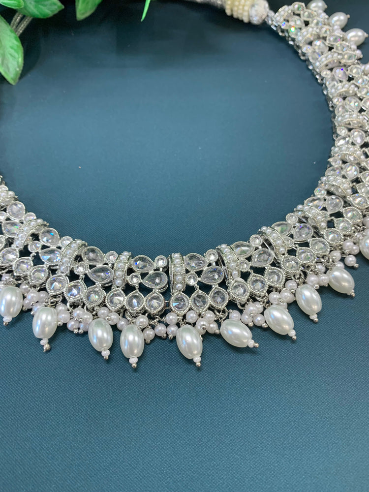 Allan polki necklace with jhumki tikka silver