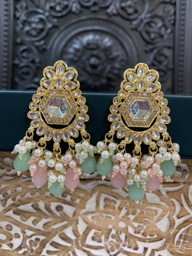 Jill gold kundan stud earring with crystal drops pastel multi