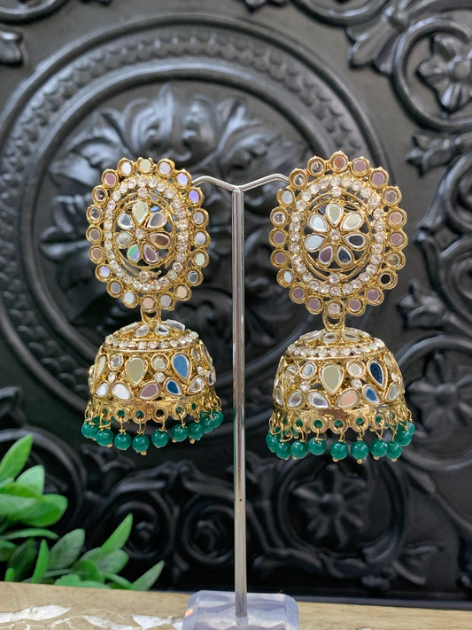 Kate mirror jhumki tikka antique gold and teal green