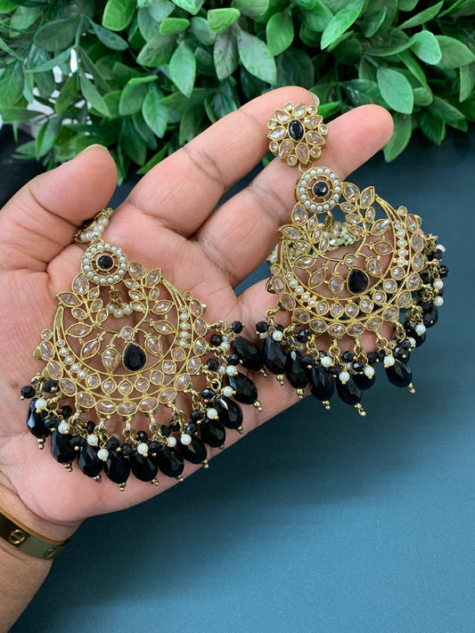 Bulbul polki statement earring tikka set antique gold/ crystal black