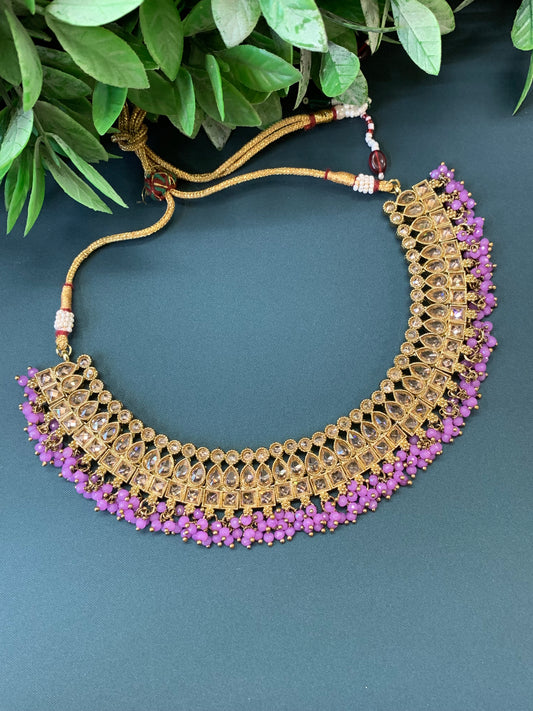 Rashmeet polki necklace with matching earring tikka antique gold lavender