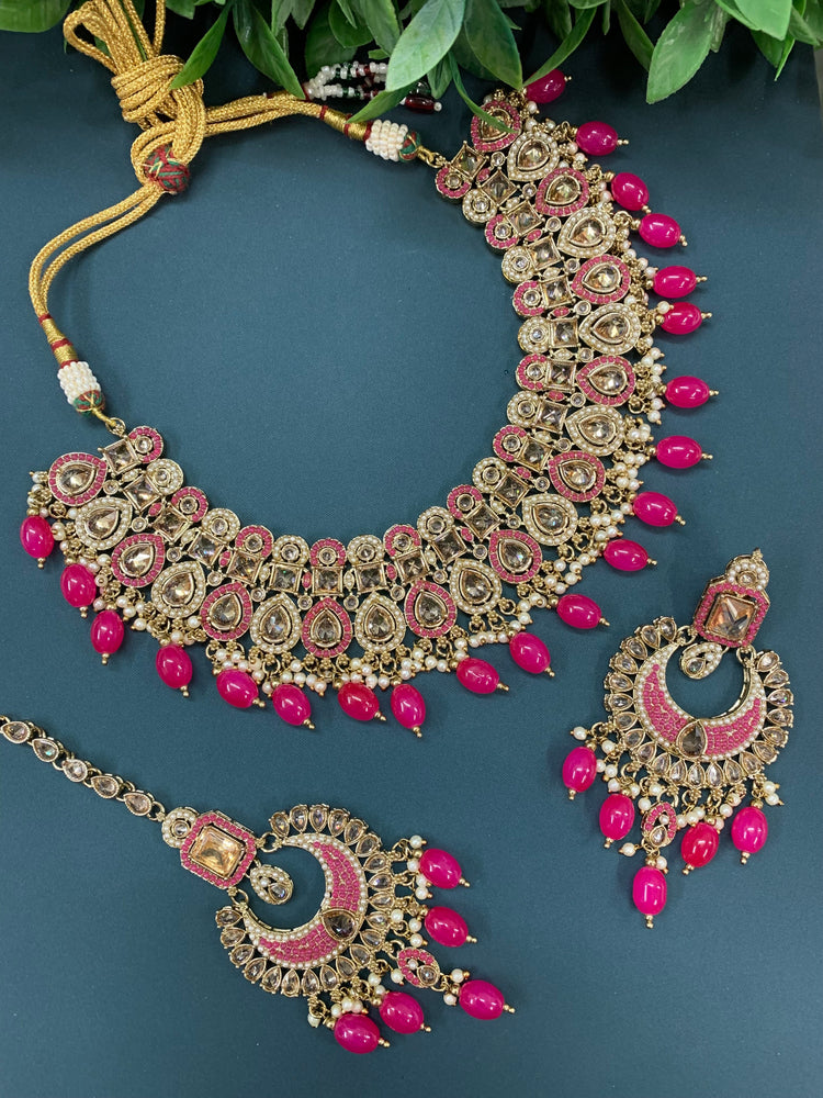 Reagan polki necklace set with matching Chandbali and tikka set gold/white/pearl/ magenta/ pink