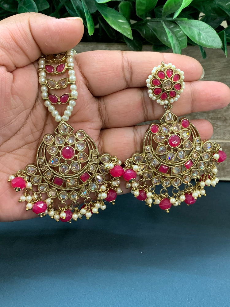 Aarti tikka set polki earring tikka magenta pink