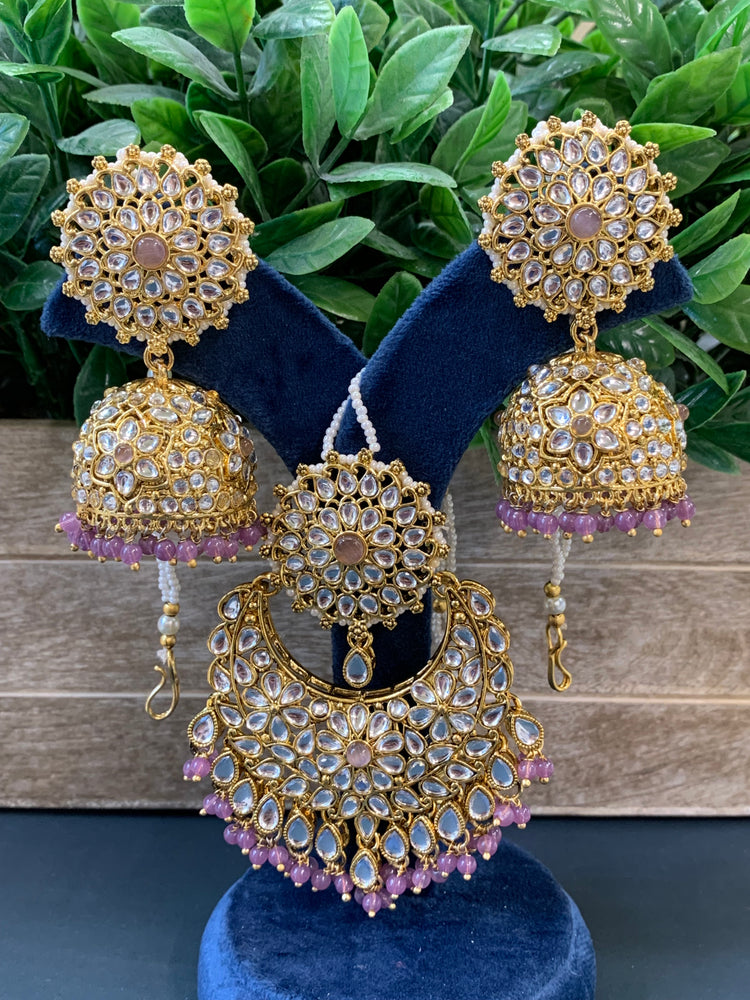 Zia traditional kundan jhumki with sahare and matching oversized tikka gold/lavender Lilac