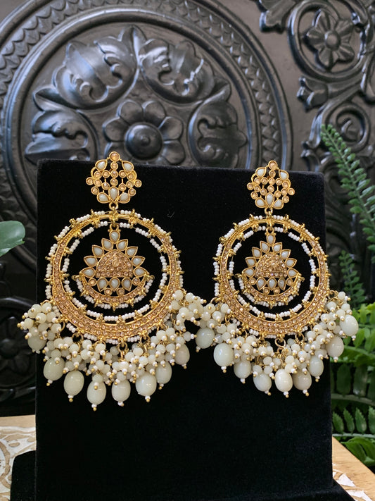 Laila Chandbali fashion statement earring gold base, ash grey drops