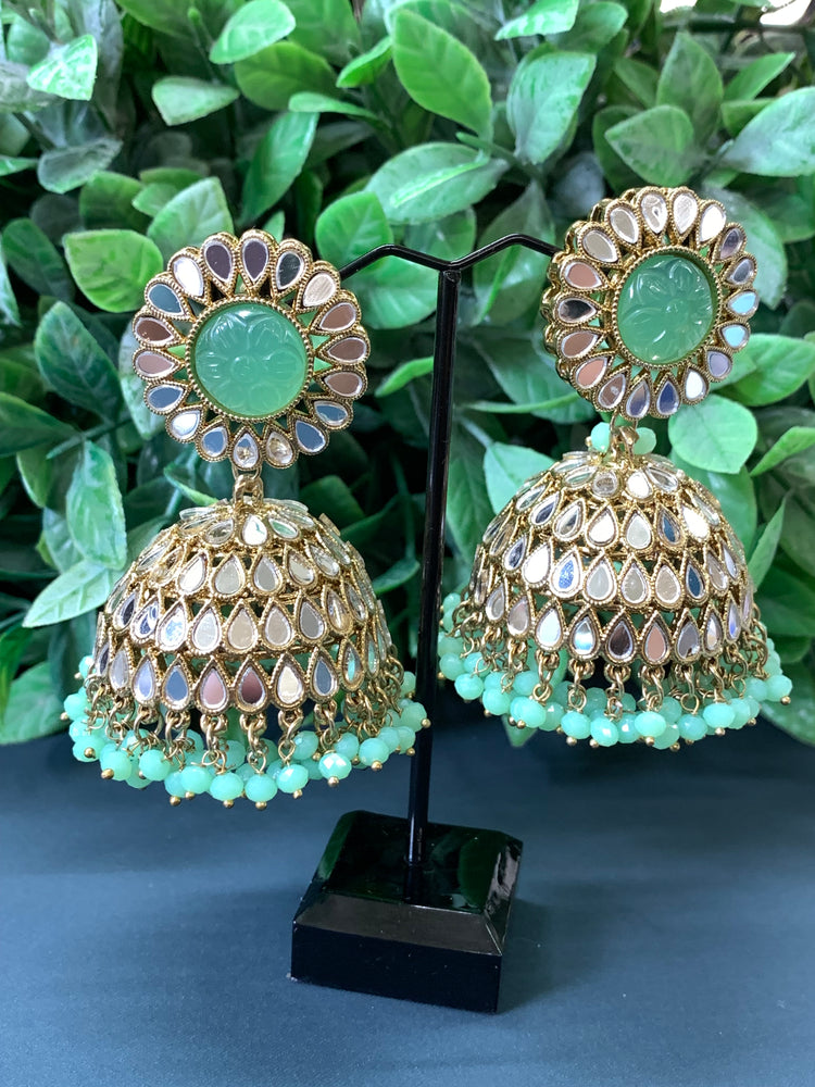 Romi mirror kundan jhumki/ jhumka earring pistachio green