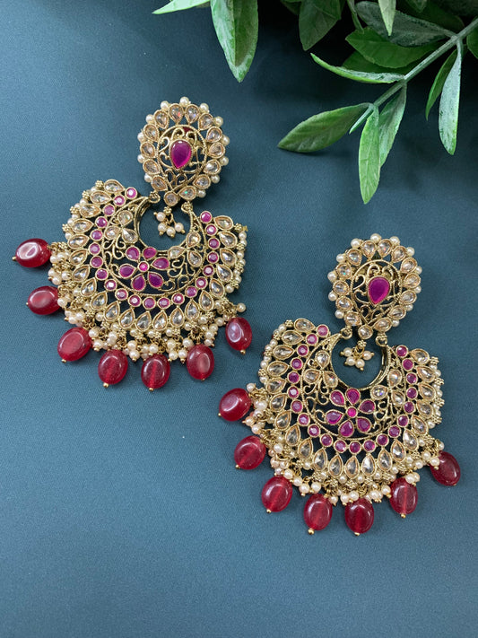 Haya polki Chandbali earring antique polki/ burgundy red maroon