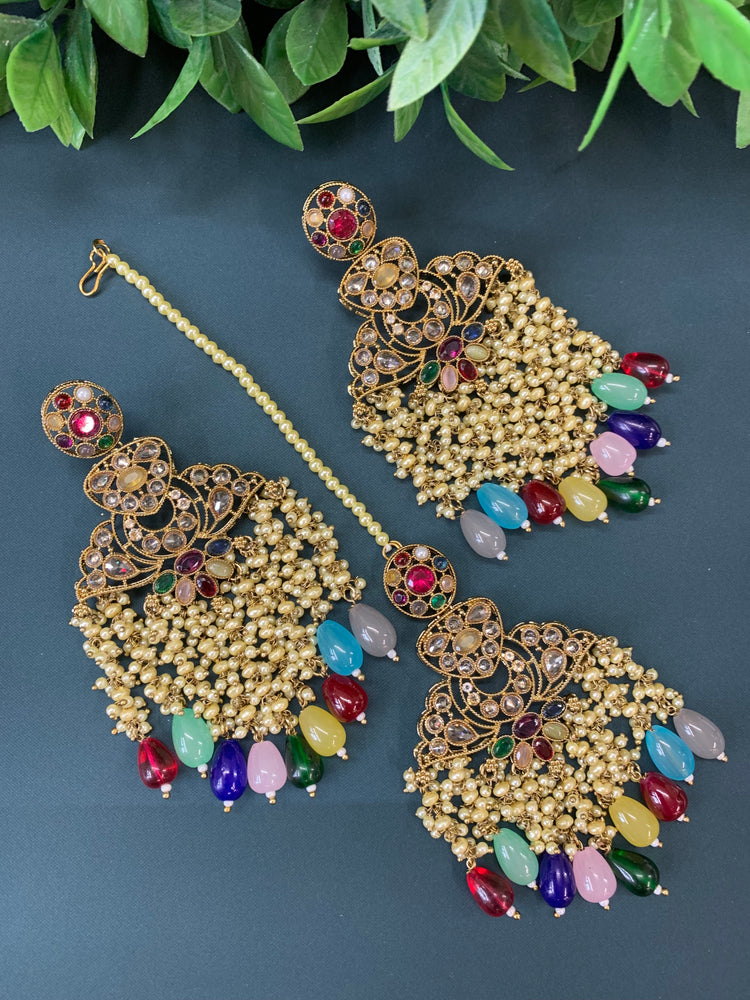 Cara statement polki earring tikka set pearl details and multi