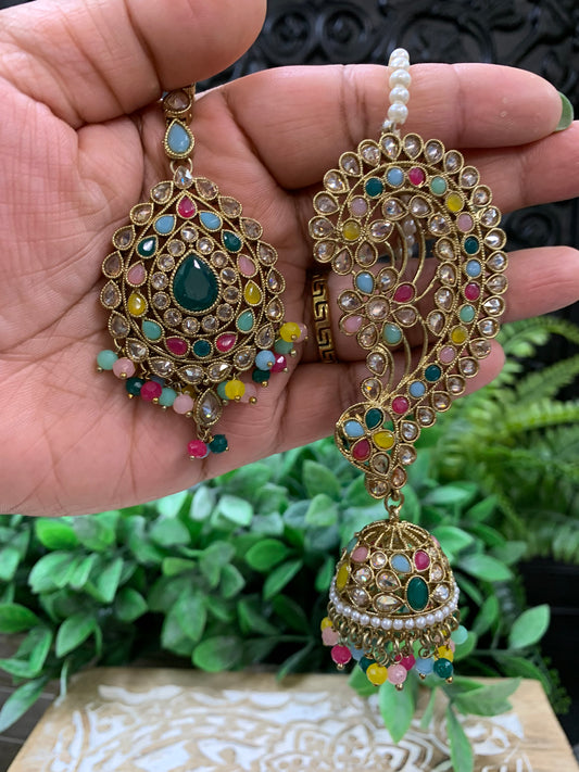 Jacklyn over the ear earring tikka jhumki sahare set Multi