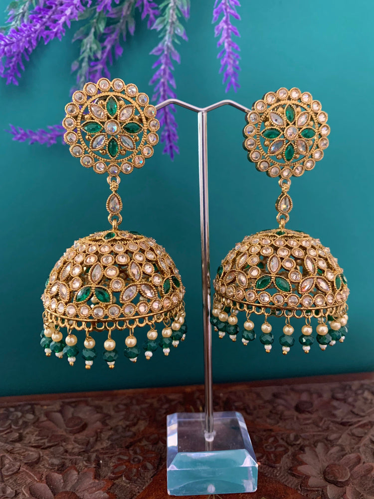 Rashi polki statement jhumki earring antique polki/ white pearl / emerald green