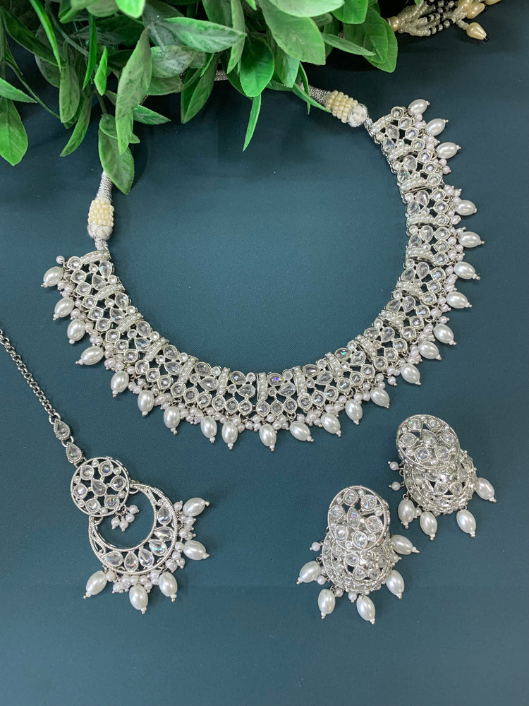 Allan polki necklace with jhumki tikka silver