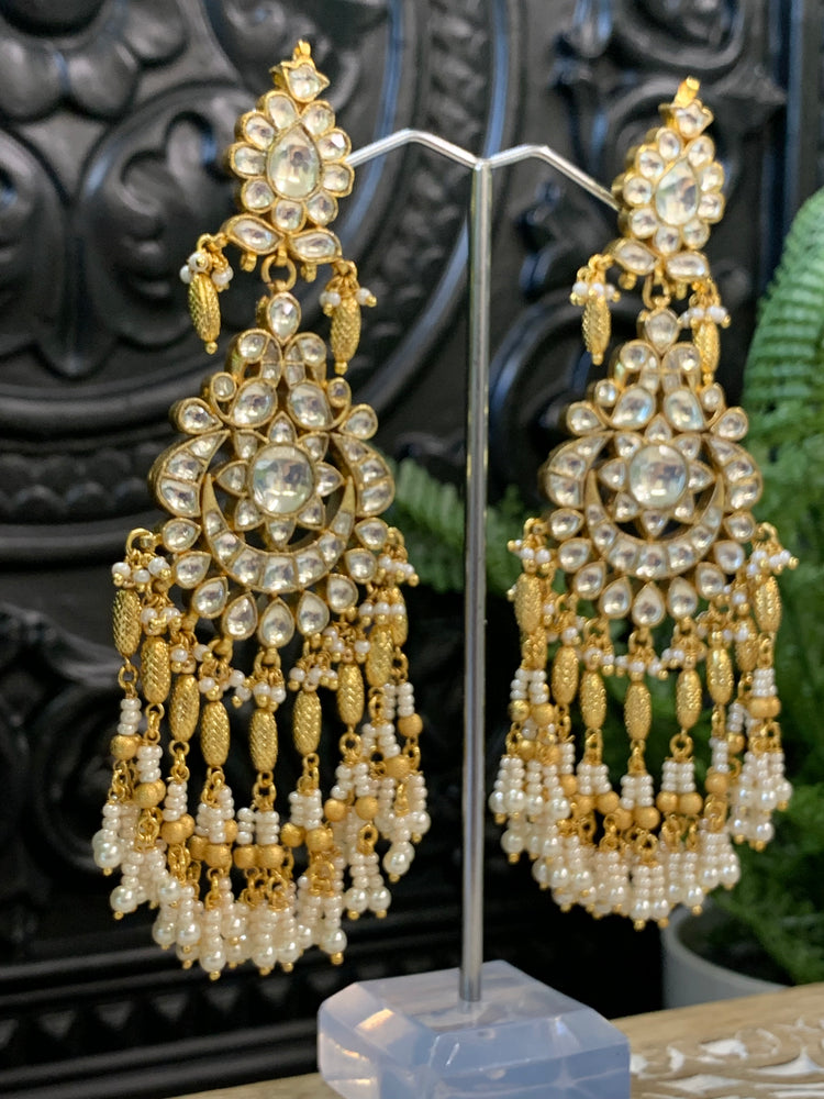 Pachi kundan statement long earring in gold and pearl