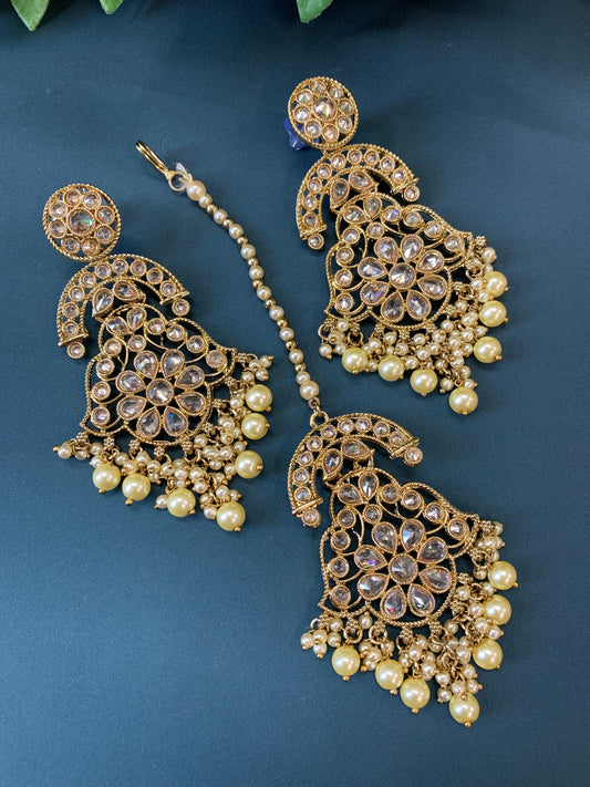 Enaya reverse popki tikka set chandbali style gold / pearl / white