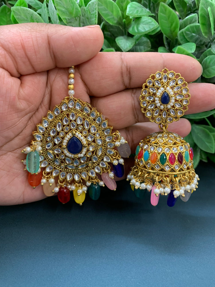 Priya gold plated kundan jhumki earring and tikka multi