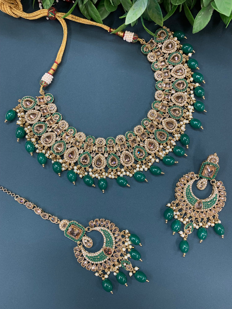 Reagan polki necklace set with matching Chandbali and tikka set gold/white/pearl/ emerald green