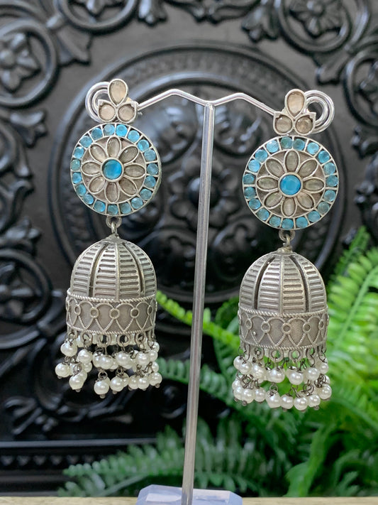 Sanaya oxi jhumki earring blue peach multi