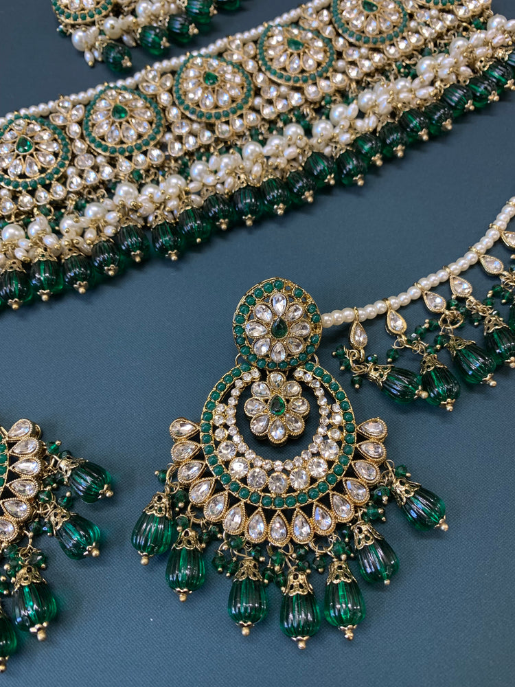 Razia choker necklace set with jhumar emerald green