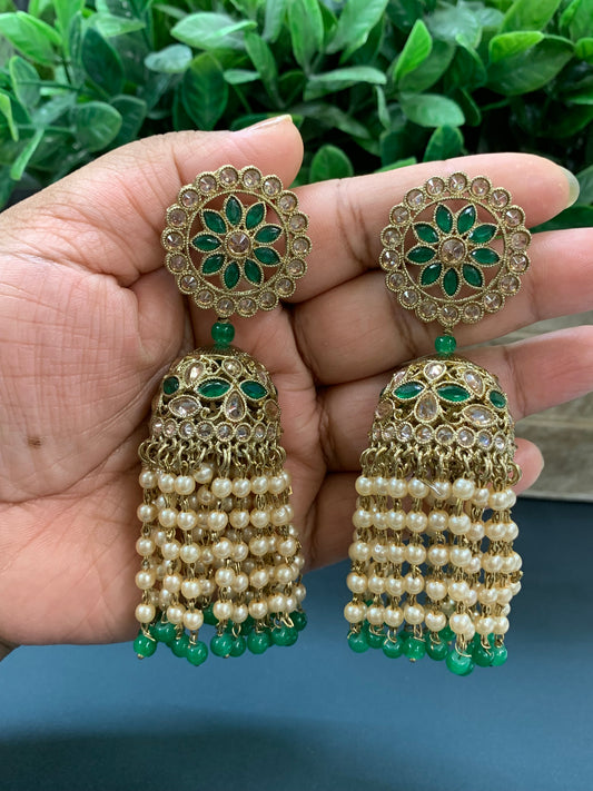 Mohua polki statement jhumki earring antique polki/emerald green/pearl