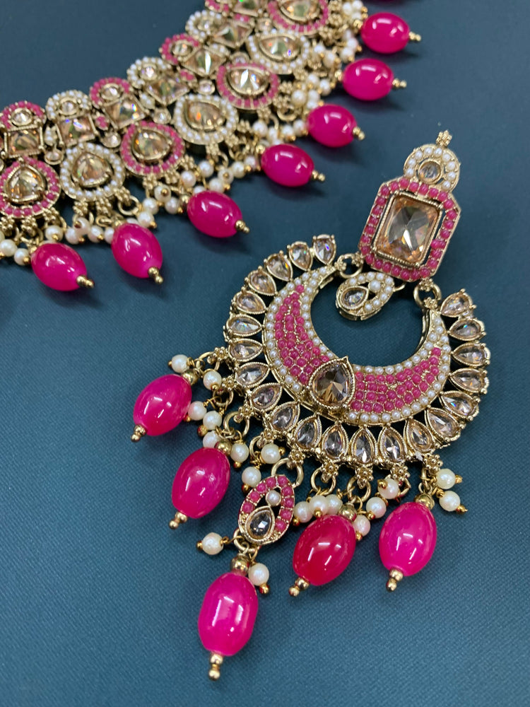 Reagan polki necklace set with matching Chandbali and tikka set gold/white/pearl/ magenta/ pink