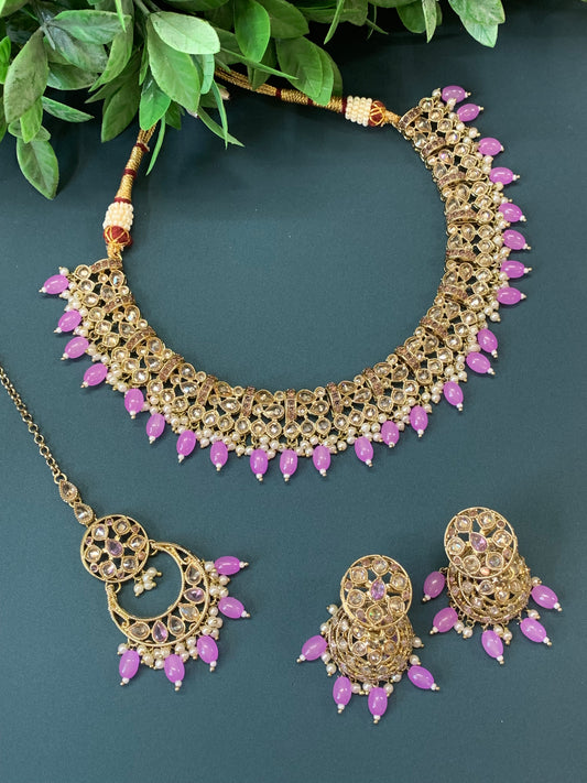 Allan polki necklace with jhumki tikka lavender/ lilac