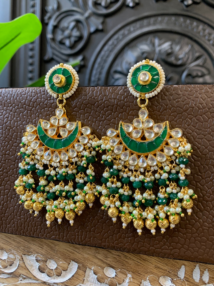 Leslie pachi Kundan chandbali earring small to medium size emerald green