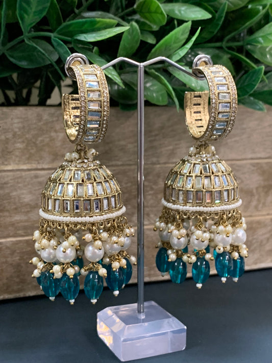 Amrita statement Mirror jhumki earring teal blue