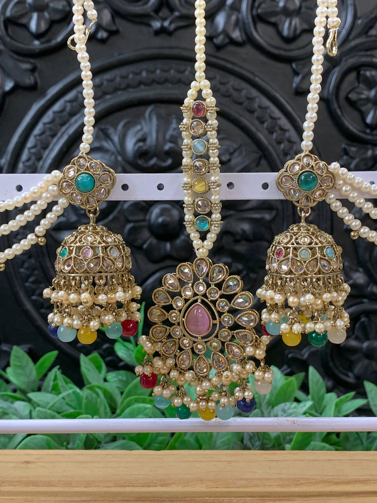 Shana triple layer bahubali sahare jhumki ear chain and matching tikka antique gold / multi