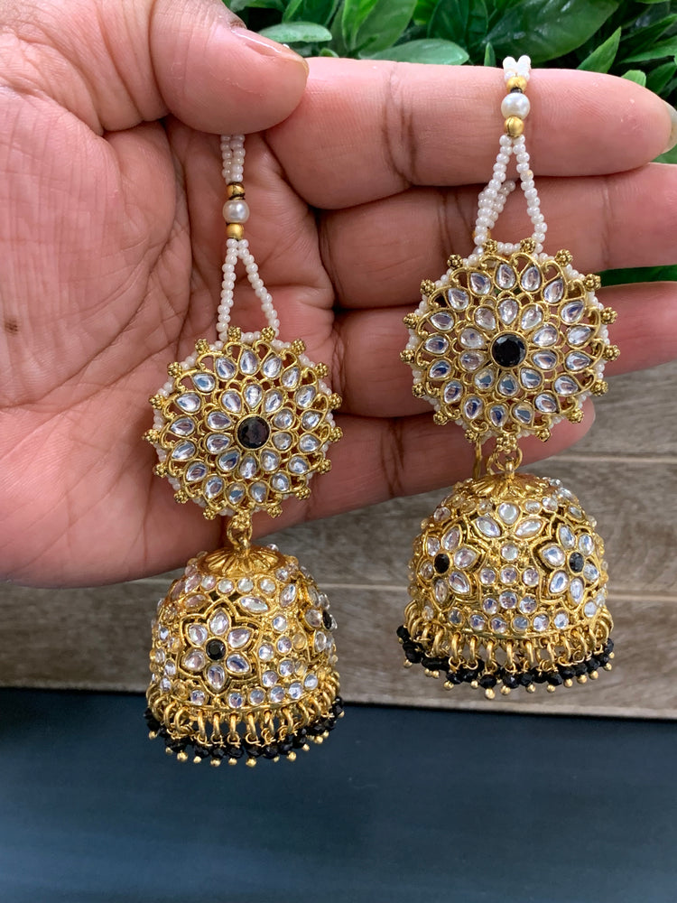 Zia traditional kundan jhumki with sahare and matching oversized tikka gold/black