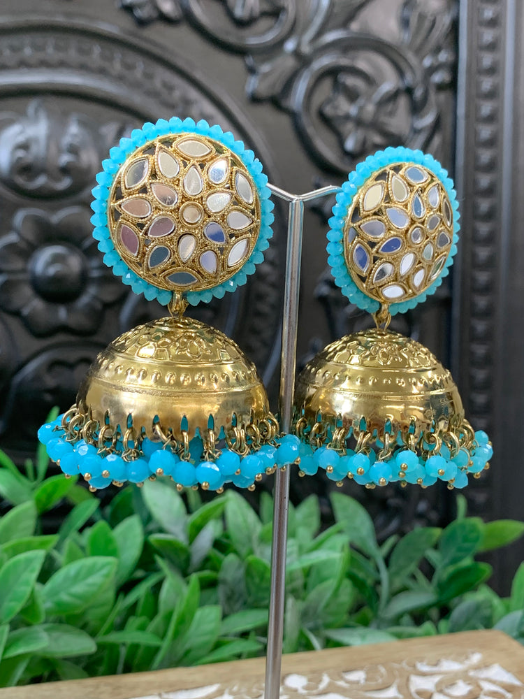 Kerry mirror jhumki tikka antique gold /phirozi blue