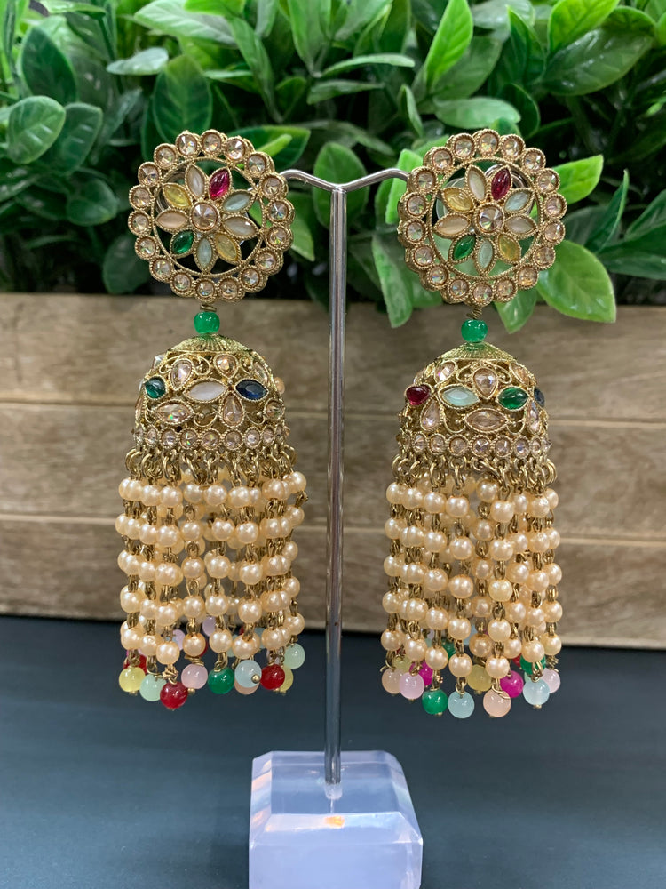 Mohua polki statement jhumki earring antique polki/ white pearl / multi