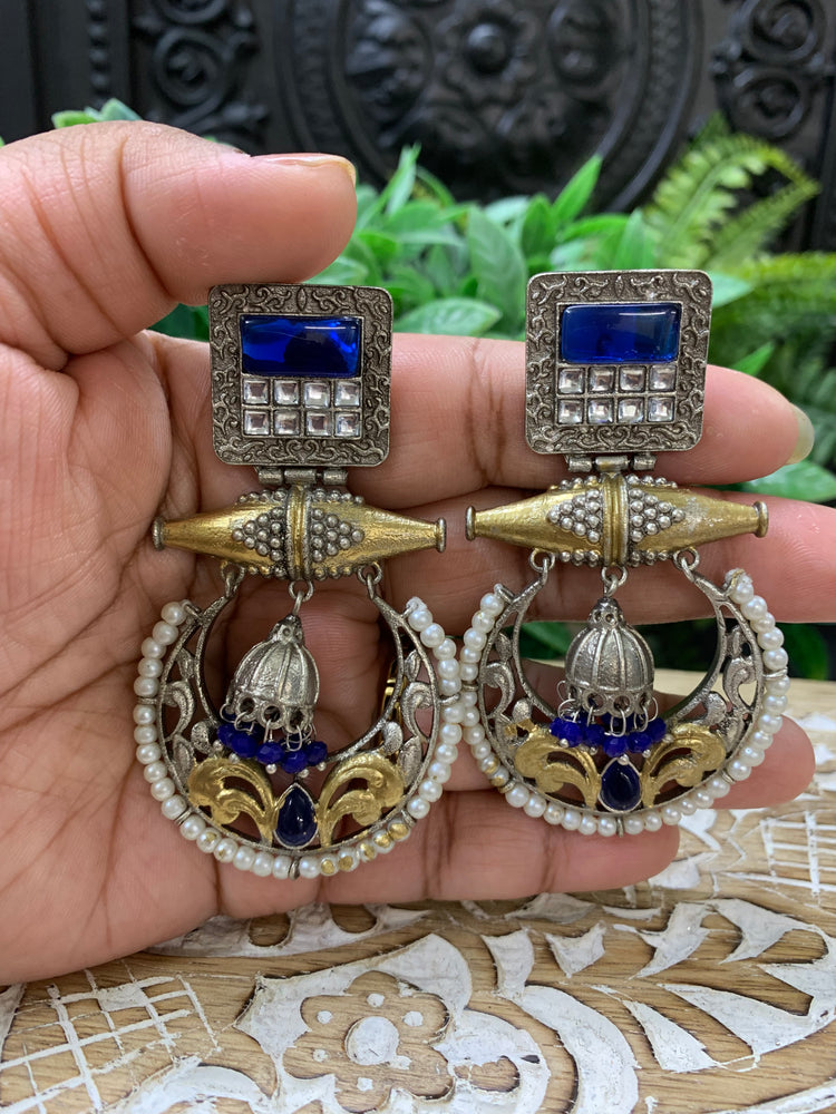 Taha dual tone chandbali style German silver earring blue