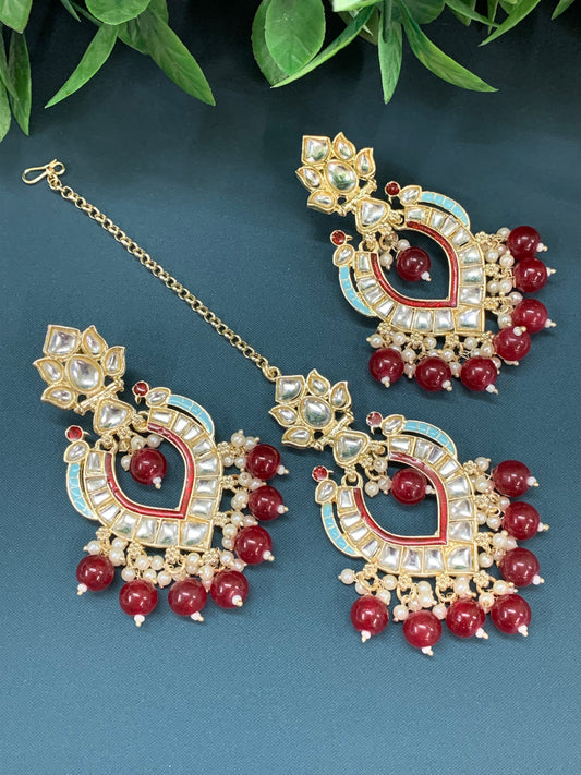 Amber kundan light weight earring tikka set red