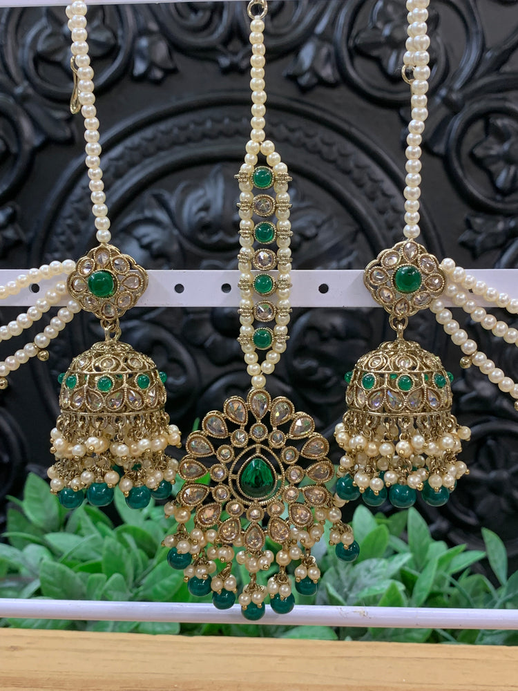 Shana triple layer bahubali sahare jhumki ear chain and matching tikka antique gold /emerald green