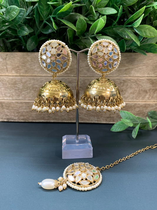 Kerry mirror jhumki tikka antique gold pearl